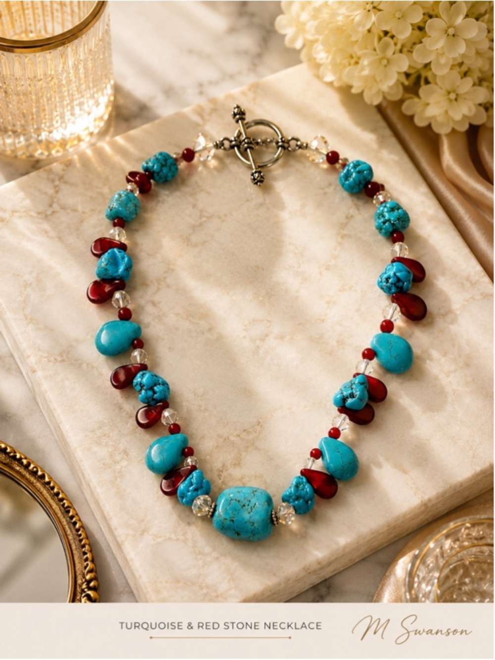 Artisan Jewelry Turquoise & Red Beaded Necklace | 18”